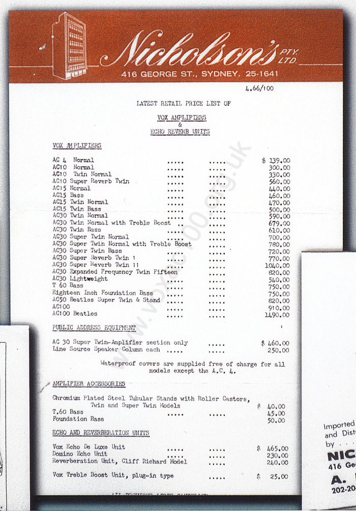 Vox pricelist printed for Nicholson's, Sydney, 1966