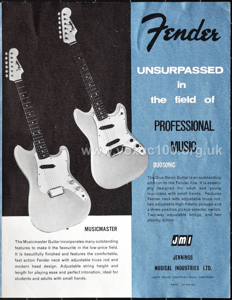Jennings Musical Industries Fender brochure, 1961-1962, details