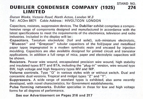 British Radio and Electronic Component Show, Olympia, May 1963 - Dubilier capacitors, North Acton