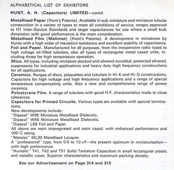 British Radio and Electronic Component Show, Olympia, May 1963 - Hunts capacitors