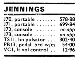 Jennings Electronic Industries prices, Beat Instrumental magazine, December 1974