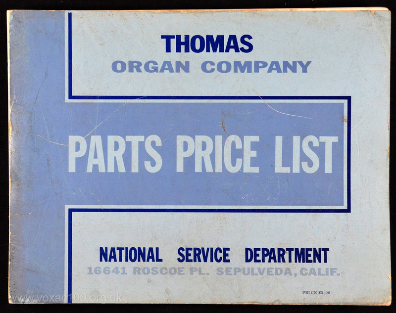 Thomas Organ Parts Price List from April 1969