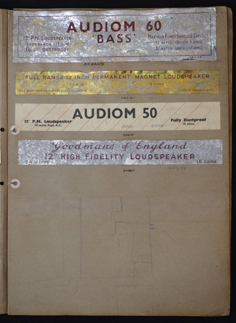 A volume of speaker labels, logos and promotional material for Goodmans speakers