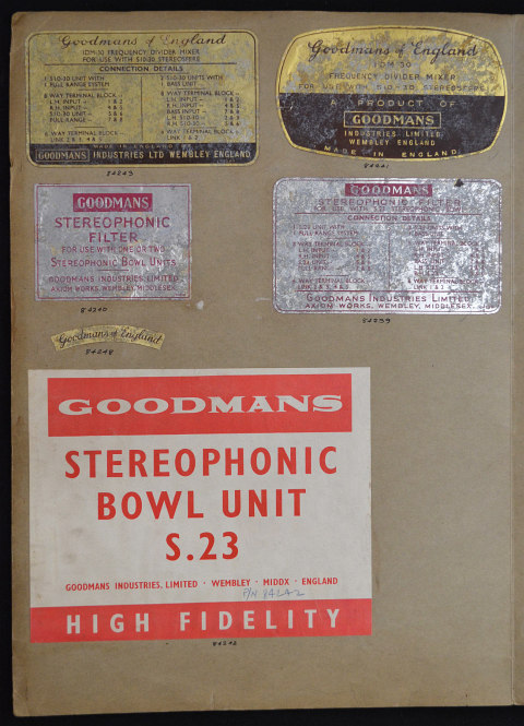 A volume of speaker labels, logos and promotional material for Goodmans speakers