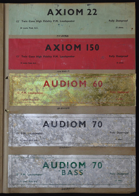 A volume of speaker labels, logos and promotional material for Goodmans speakers