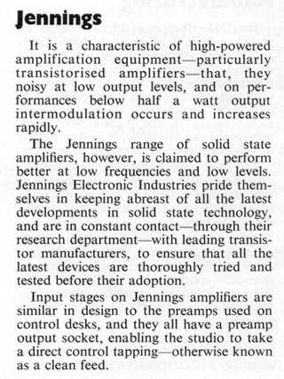 Jennings Electronic Industries, note in Beat Instrumental magazine, January 1970