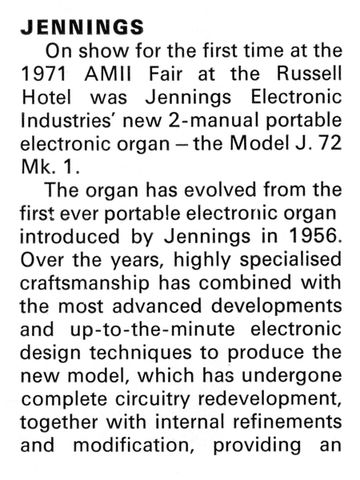 Jennings Electronic Industries at the British Musical Instrument Trade Fair, August 1971