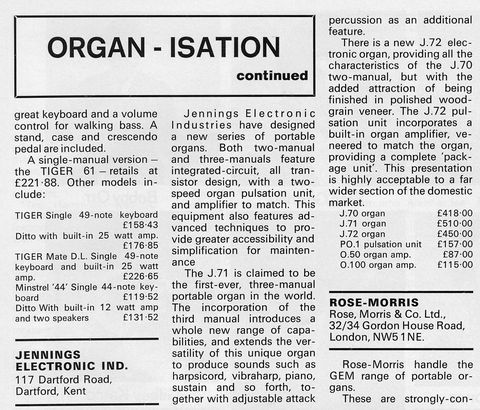 Jennings Electronic Industries equipment, Beat Instrumental overview of organs, December 1971