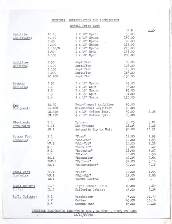 JEI pricelist from 1972, page 1