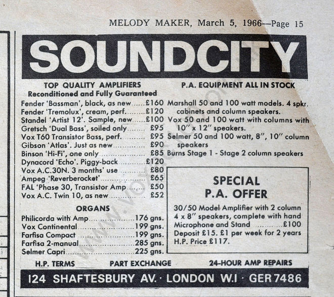 Melody Maker magazine, 5th March, 1966, Sound City advert for Vox PA equipment