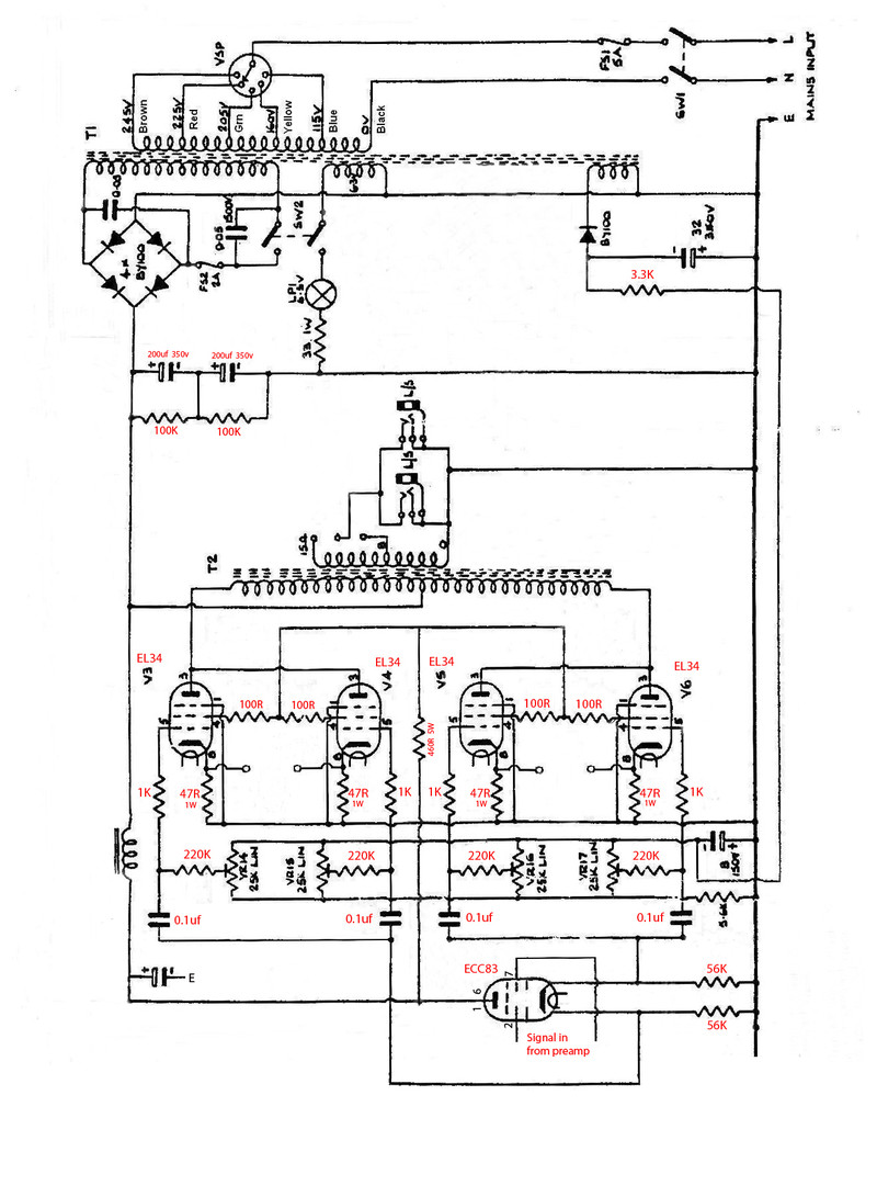 Vox MC100/4 provisional circuit diagram of the power section