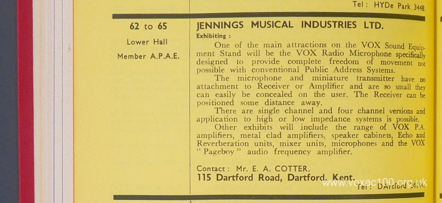 Vox at the Exhibition of Public Address Engineers, March 1965