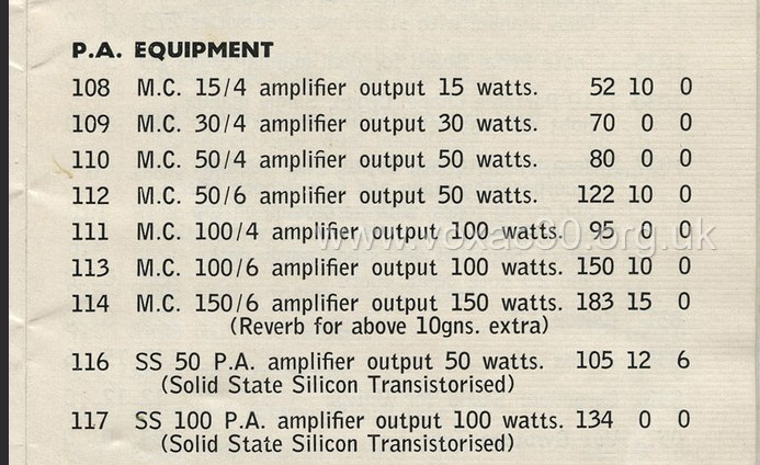 JMI pricelist 1967 for the range of metal clad Vox public address amplifiers