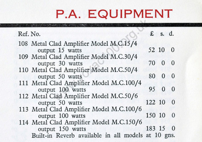 The Vox MC100 in the JMI pricelist of 1965