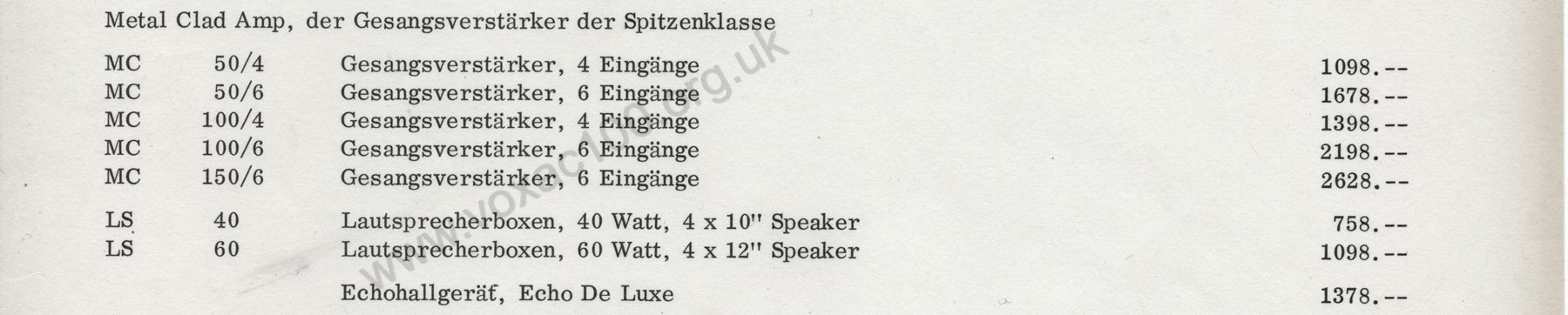 Barth pricelist for the German market, 1966, the Vox metal clad amplifiers