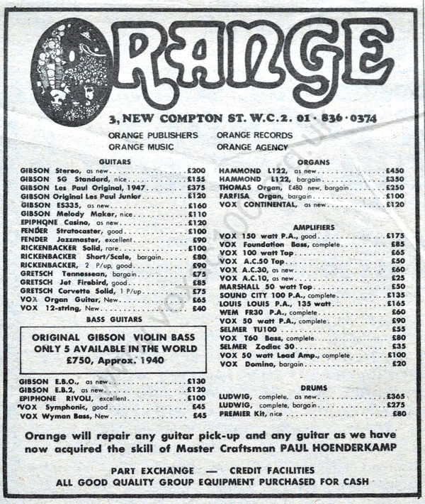 The Vox MC150 in the Orange Shop, New Compton Street, April and May 1969