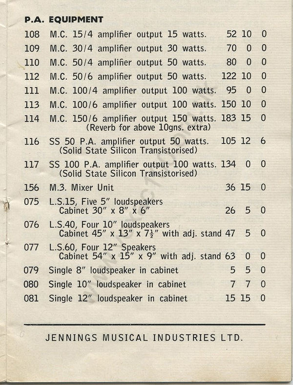 JMI pricelist, April 1967, the MC150