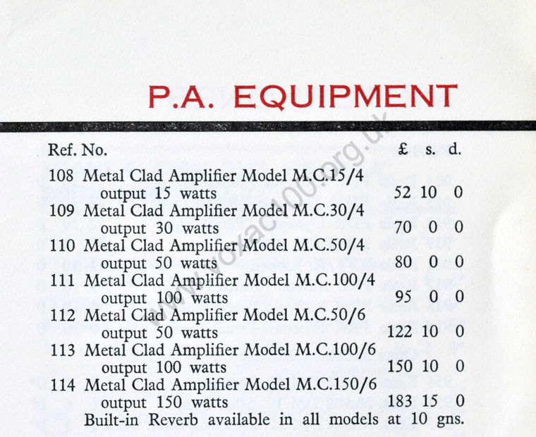 JMI pricelist, November 1965, the MC150