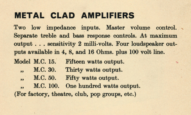 The Vox MC50/4 listed in the JMI catalogue of 1964