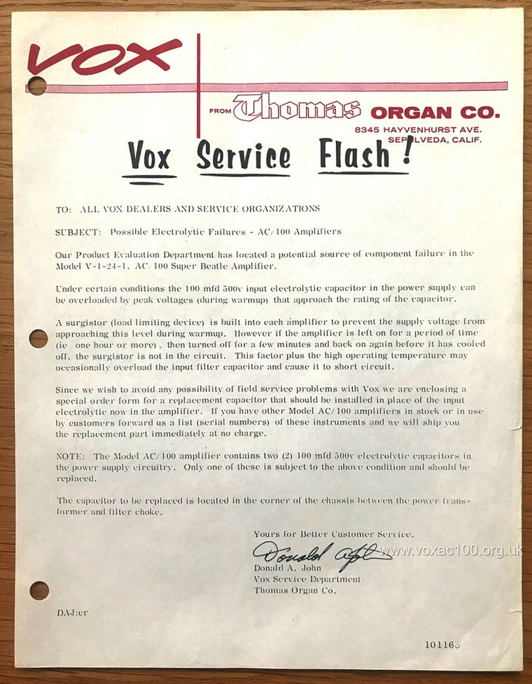Vox AC100 surgistor - Thomas Organ Vox Service Flash, October 1965