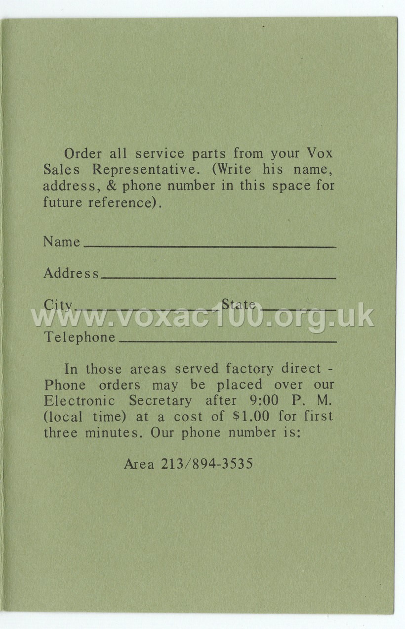 Vox Pocket Reference Guide, Thomas Organ, late 1965