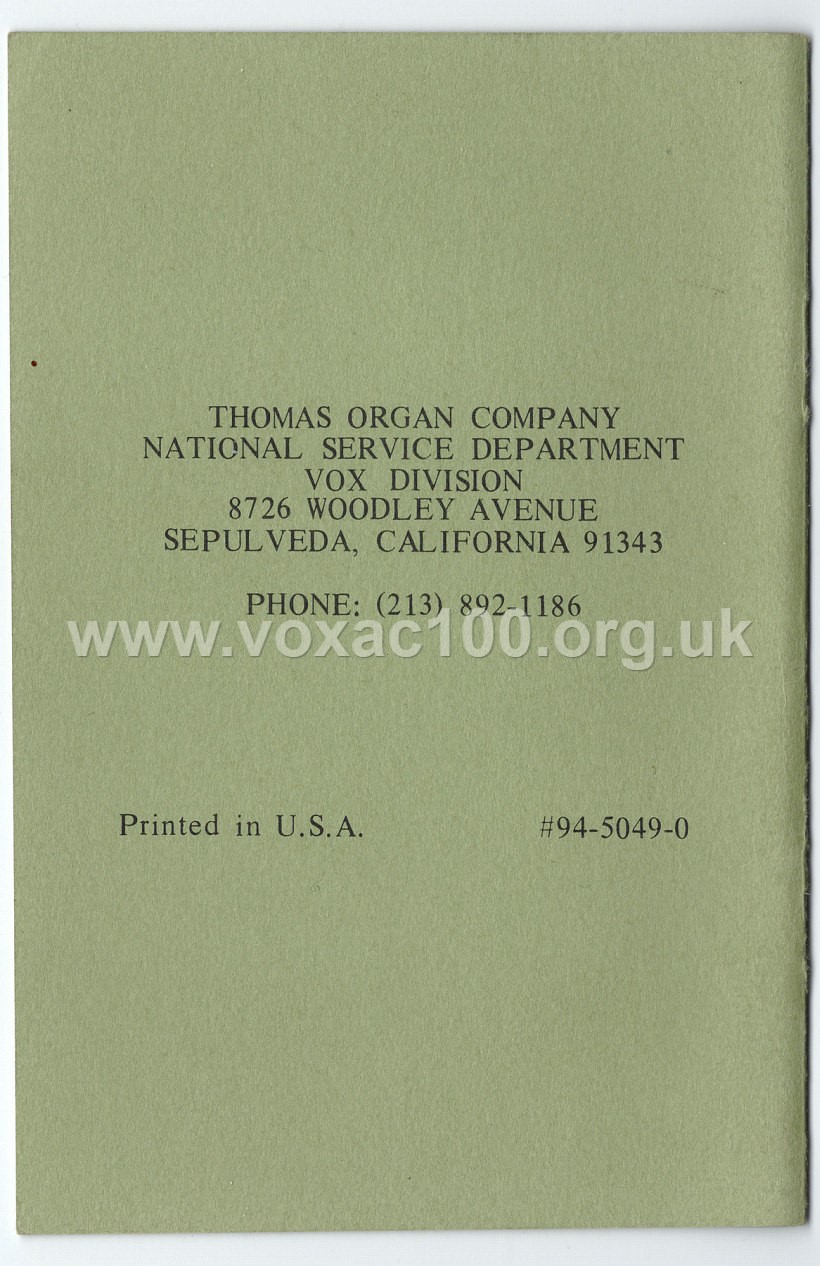 Vox Pocket Reference Guide, Thomas Organ, late 1965