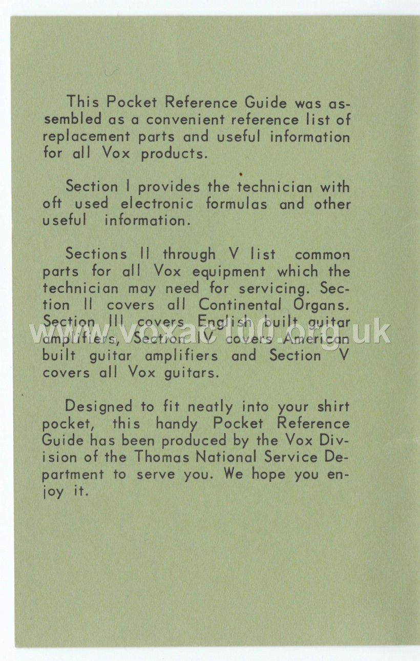 Vox Pocket Reference Guide, Thomas Organ, late 1965