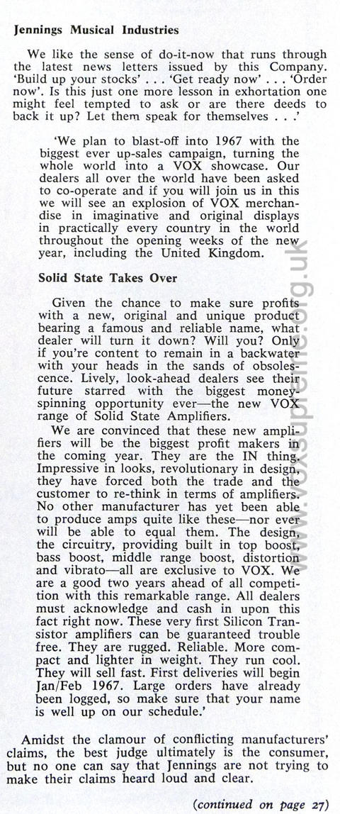 Vox solid state amplifiers, music trade press, December 1966