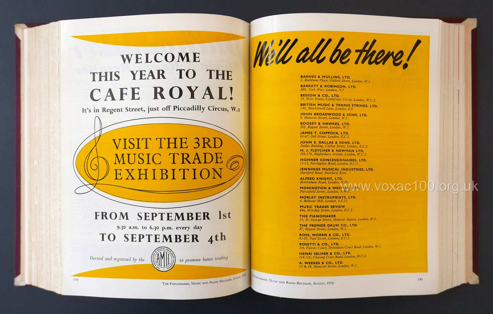 Double page spread for The AMII Trade Fair, Cafe Royal, September 1958