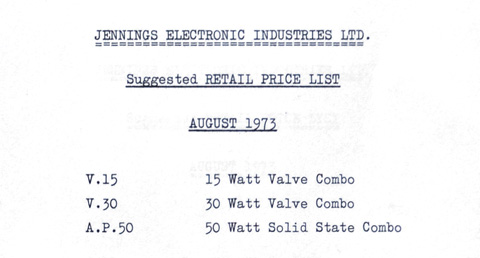 Jennings Electronic Industries price list 1973